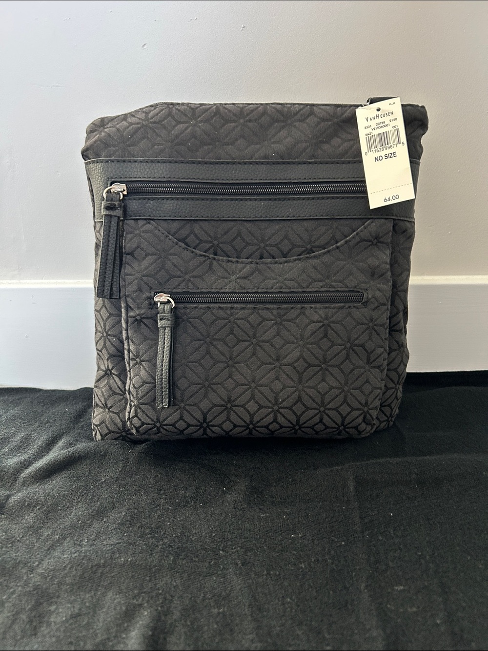 Van Heusen Black Quilted Crossbody Organizer with Zip Pockets